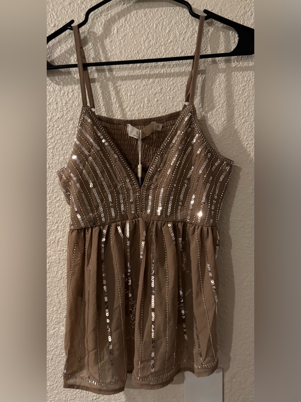 NWT Sequin-Embellished Taupe Camisole Top with Spaghetti Straps